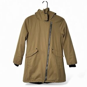Zara Girls Outerwear Tan Front Zip Parka Jacket Pockets Black Faux Fur Lining 10